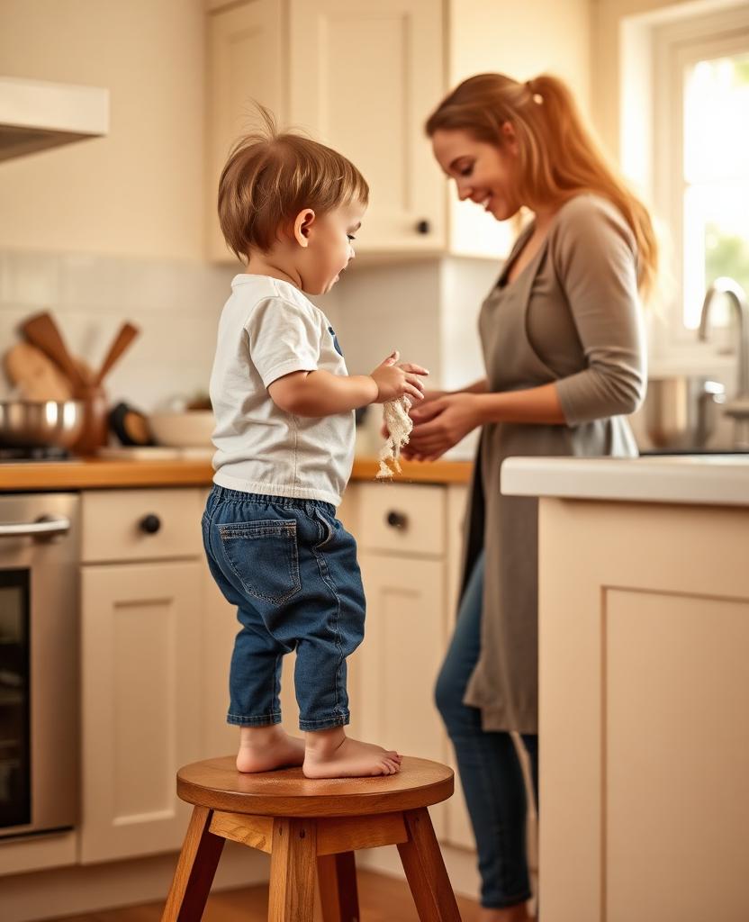 A toddler on a stool helping a parent bake in a warm kitchen