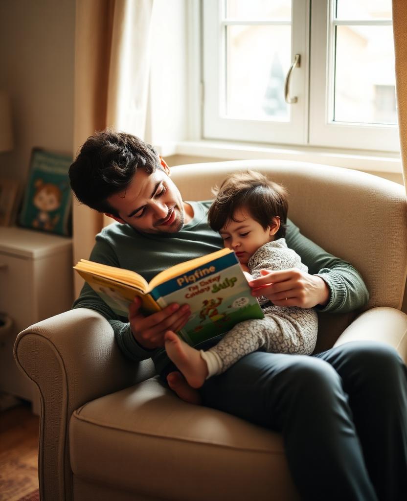 A parent reading a picture book with their toddler in an armchair