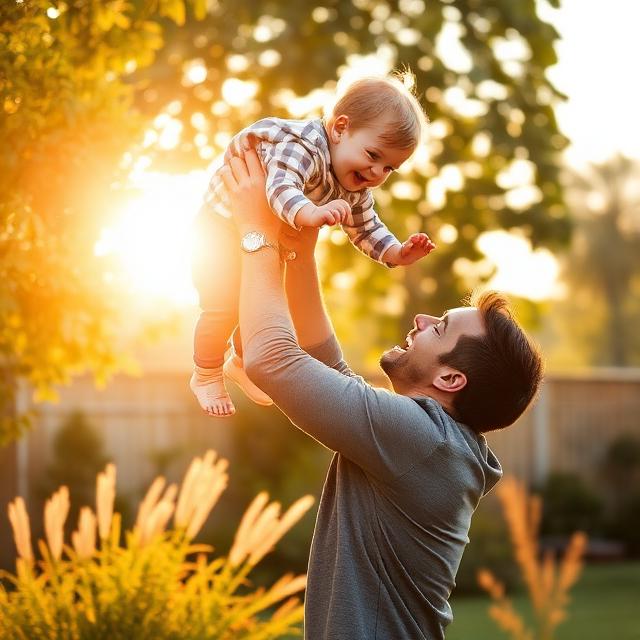 A father lifting his laughing toddler in the garden