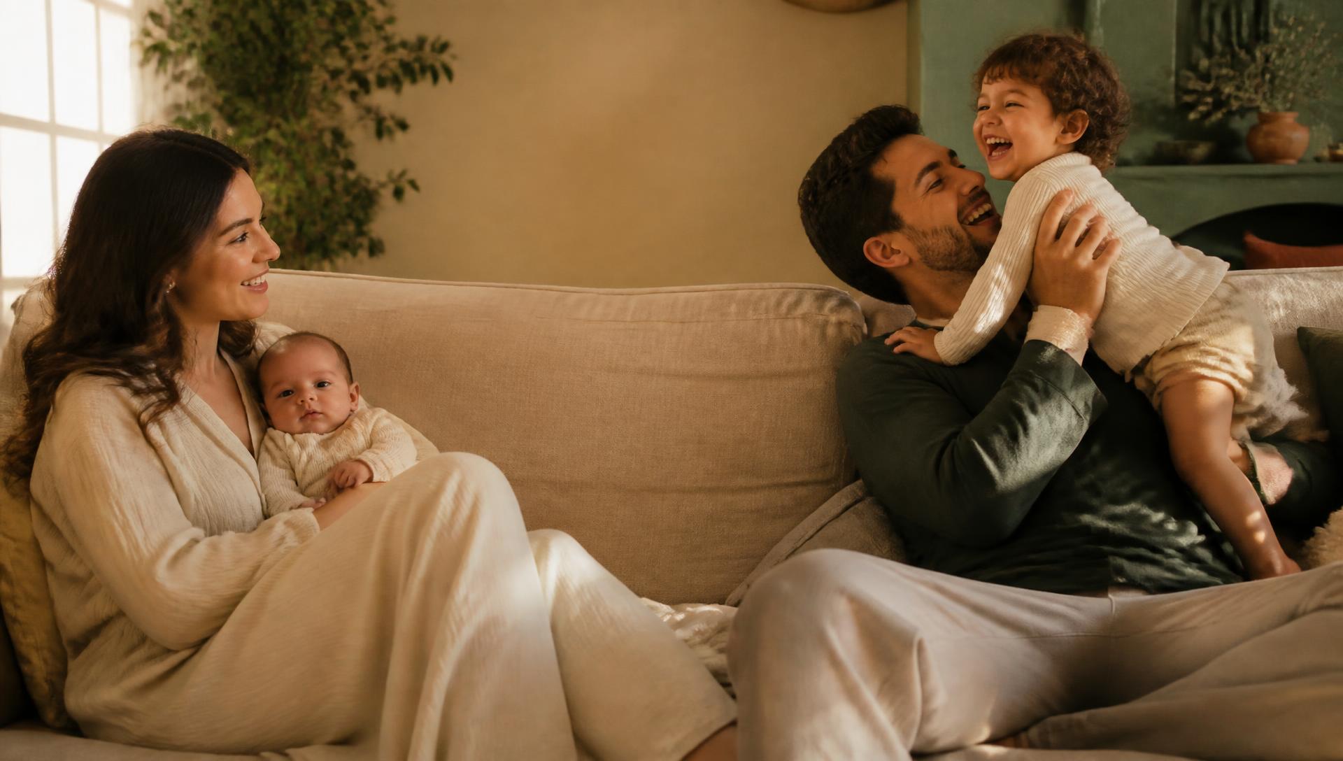 A family laughing together on the sofa — mum holding the baby while dad lifts their giggling toddler